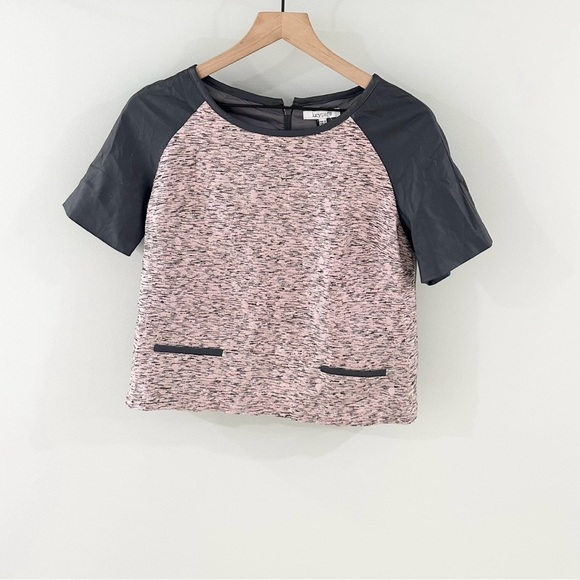 NWT Lucy Paris Short Sleeve Faux Leather Detail Top Pink & Gray Size Small - Picture 1 of 5